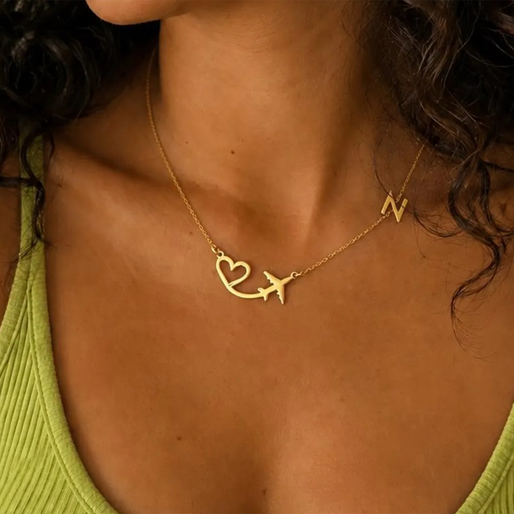 Custom Name Necklace Stainless Steel - Kalung Liontin Inisial Pesawat Berbentuk Hati