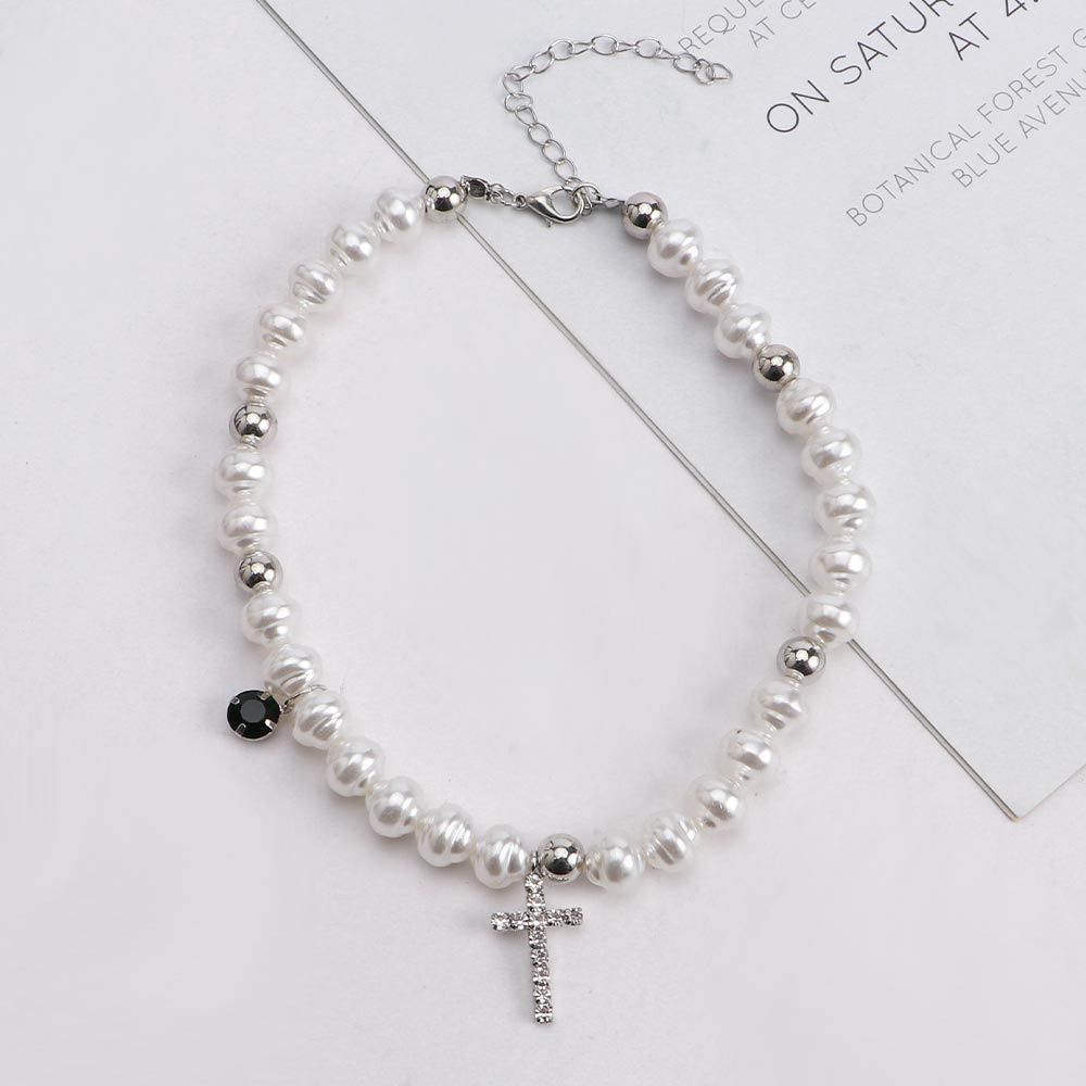 Pearl Choker Necklace Vintage - Kalung liontin antik kristal silang modis,