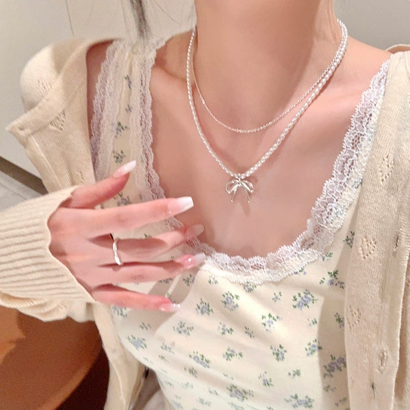 Layered Pendant Necklace Aesthetic - Kalung Choker Rantai Berlapis Ganda Mutiara