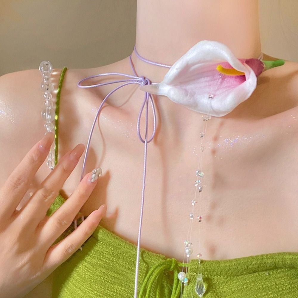 Pearl Choker Necklace Vintage - Liontin Manik-manik Calla Lily Berlebihan Mode