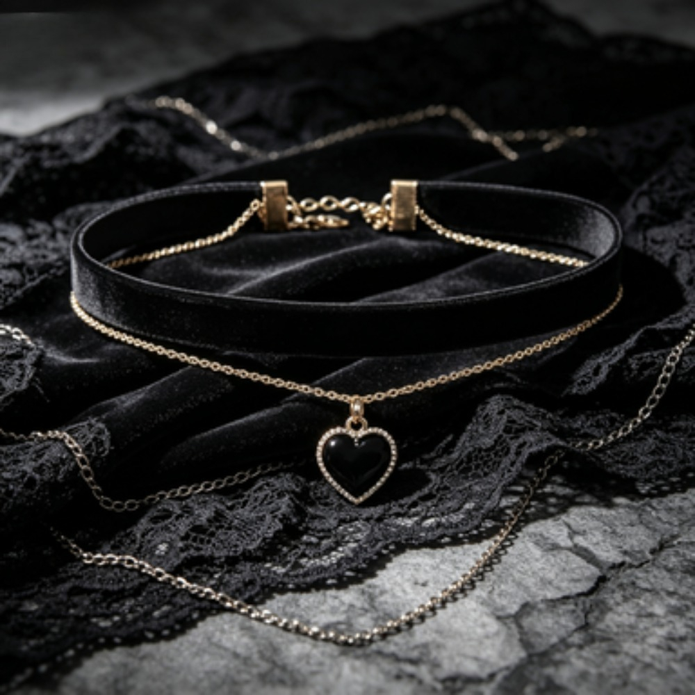 Layered Pendant Necklace Aesthetic - Kalung Choker Liontin Hati Persik Hitam