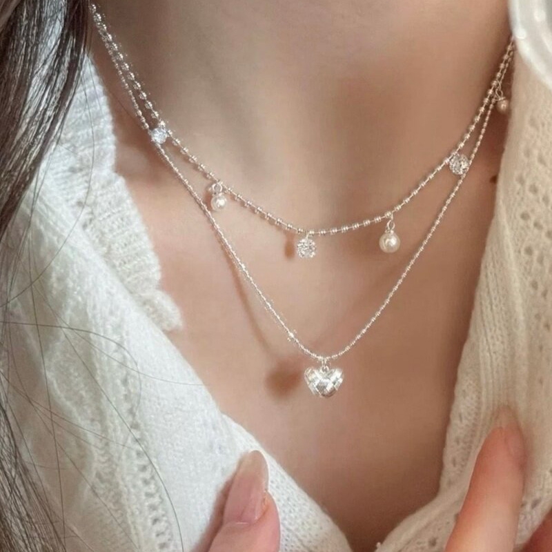 Layered Pendant Necklace Aesthetic - Kalung Choker Manik Perak Lapis Ganda
