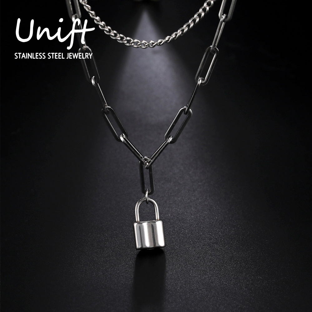 Layered Pendant Necklace Aesthetic - Unift Liontin gembok estetis kalung pria