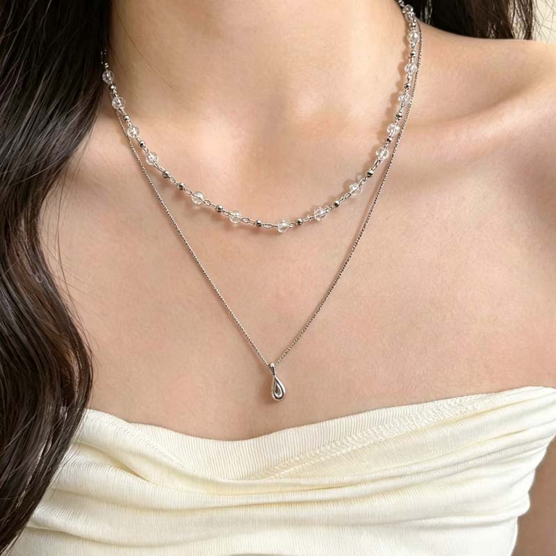 Layered Pendant Necklace Aesthetic - Kalung Choker Kristal Transparan Berlapis Ganda
