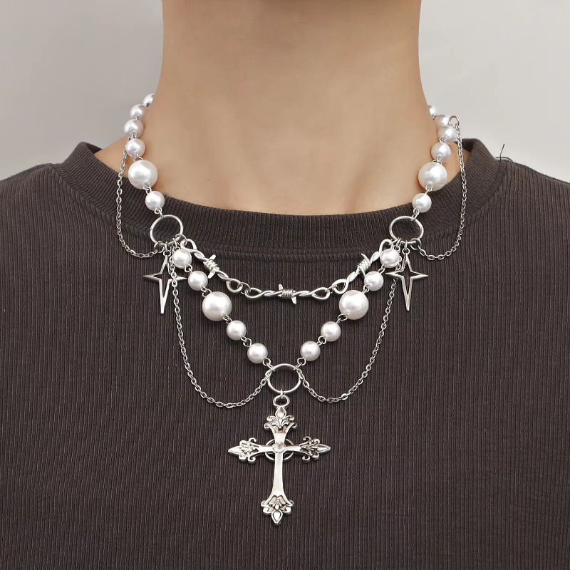 Kalung Liontin Salib Punk Sali - Pearl Choker Necklace Vintage ulasan dan harga