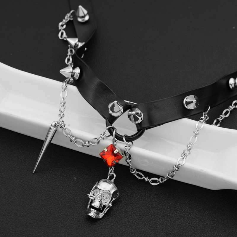 Kalung Kulit Tengkorak Gelap,  - Goth Punk Spike Choker ulasan dan harga