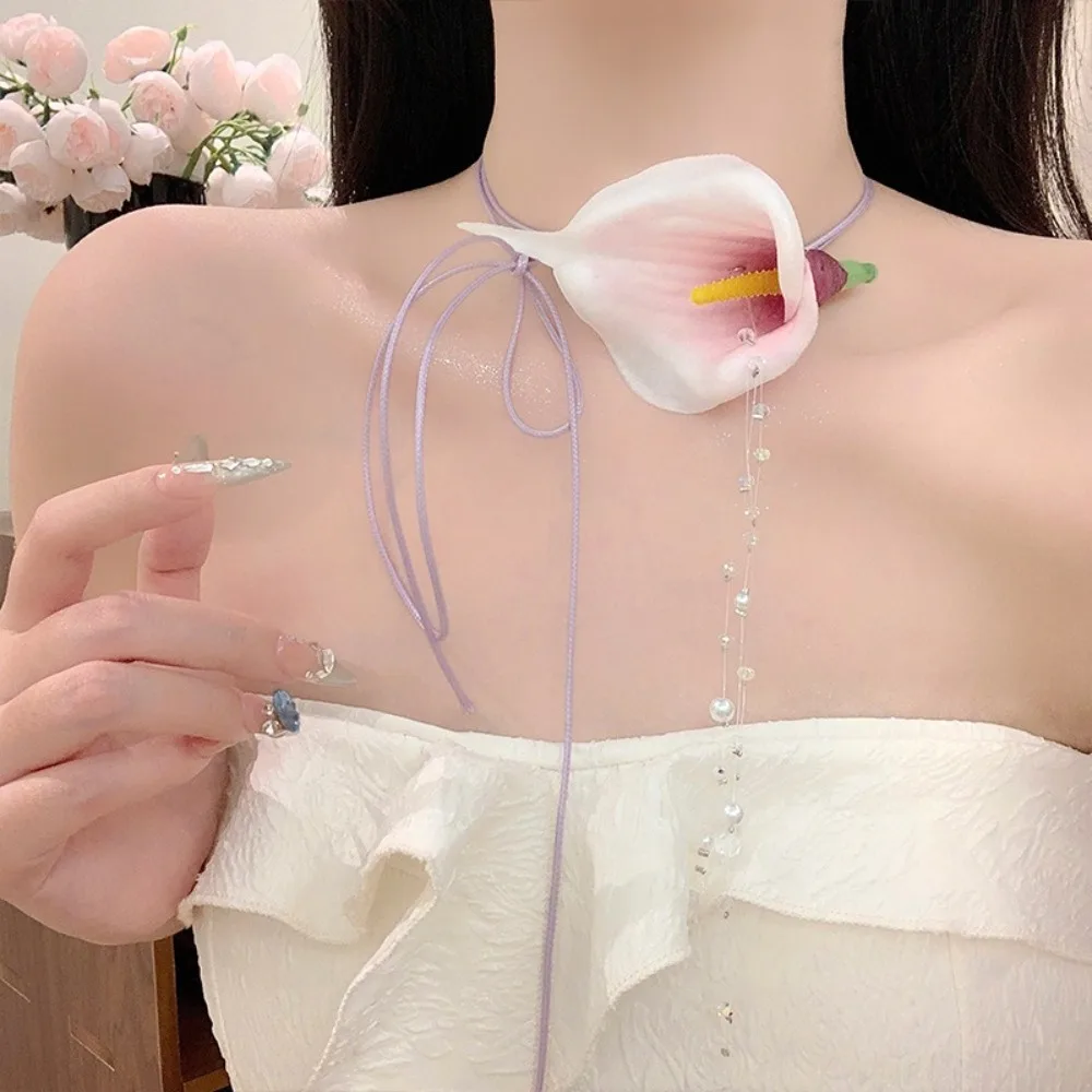 Liontin Manik-manik Calla Lily - Pearl Choker Necklace Vintage ulasan dan harga