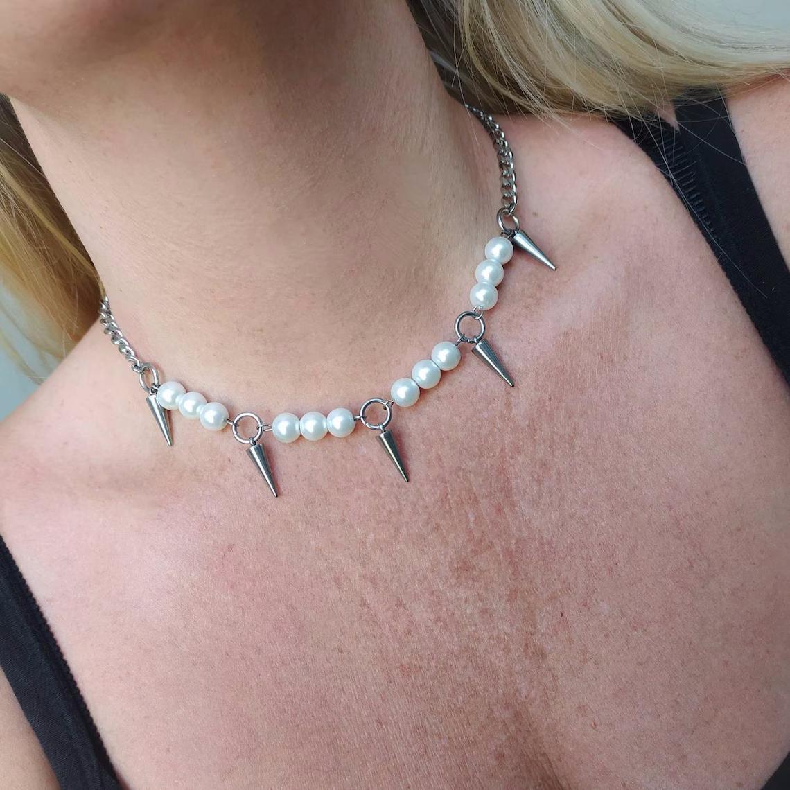 Egirl kalung Spike mutiara des - Goth Punk Spike Choker ulasan dan harga
